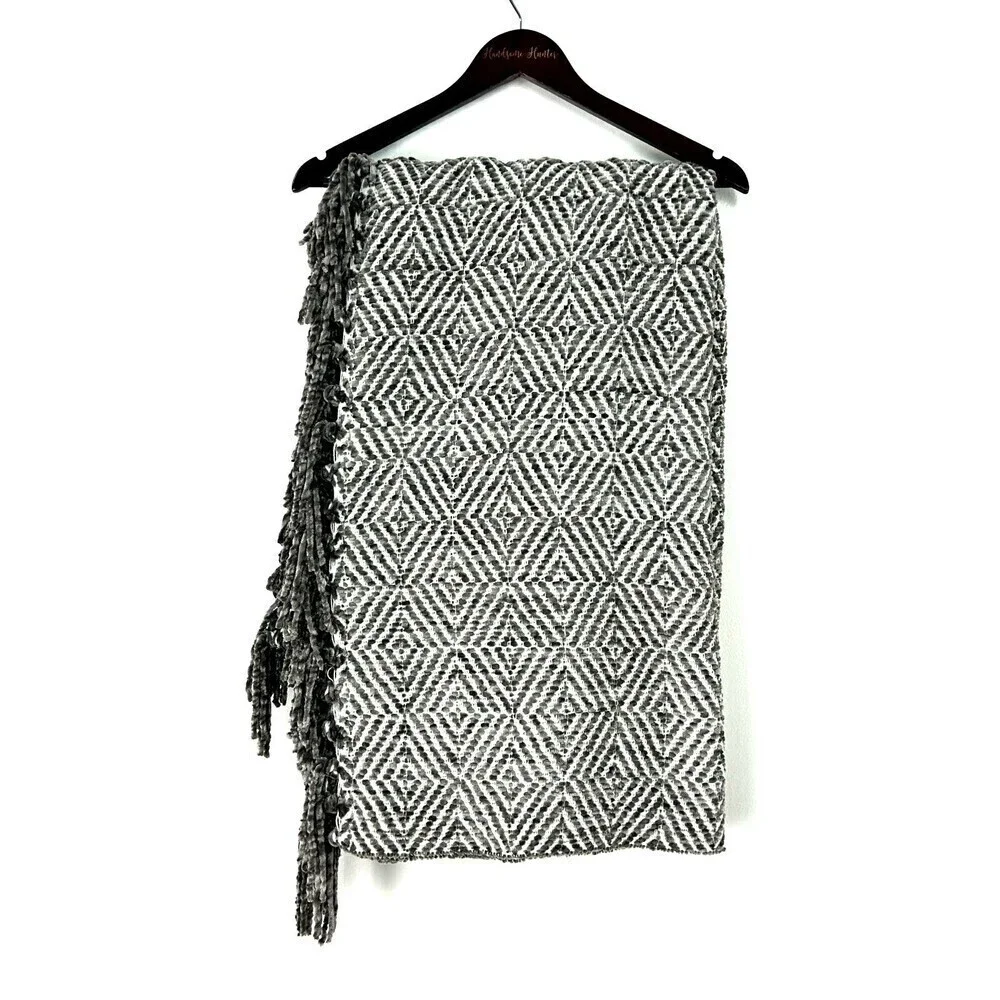 Kirklands Charcoal Gray Chenille Throw Blanket Diamond Fringe Reversible 50x60